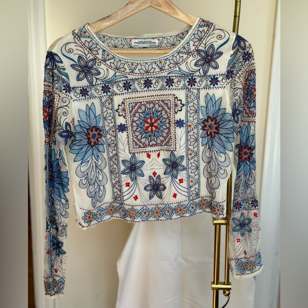 Zara red, white, and blue embroidered crop top - floral, sheer, modern boho